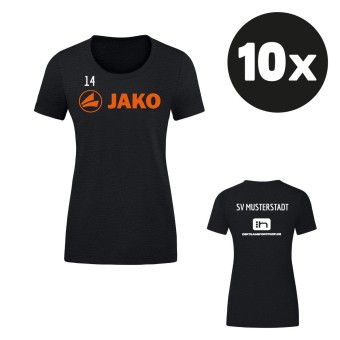 JAKO Damen T-Shirt Promo Aufwärmshirt (10 Stück) Teampaket mit Textildruck schwarz meliert-neonorange | 34 (XS) - 44 (XL)