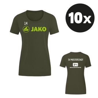 JAKO Damen T-Shirt Promo Aufwärmshirt (10 Stück) Teampaket mit Textildruck khaki-neongrün | 34 (XS) - 44 (XL)