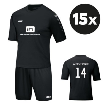 JAKO Trikot Team + Short Manchester 15er Trikotsatz mit Druck schwarz/schwarz | 104 - 3XL