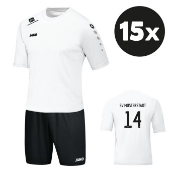 JAKO Trikot Team + Short Manchester 15er Trikotsatz mit Druck weiß/schwarz | 104 - 3XL