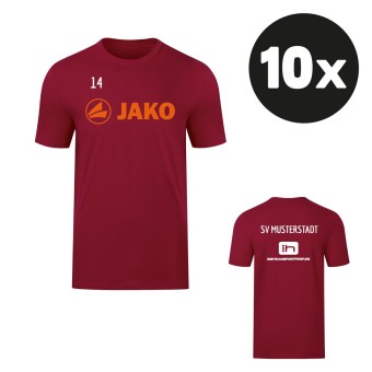 JAKO T-Shirt Promo Aufwärmshirt (10 Stück) Teampaket mit Textildruck weinrot-neonorange | Freie Größenwahl (116 - 4XL)