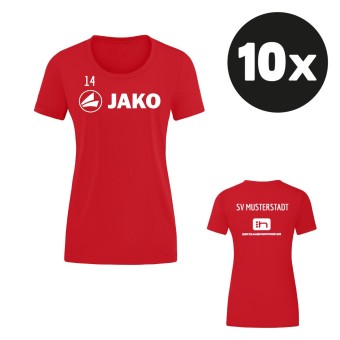 JAKO Damen T-Shirt Promo Aufwärmshirt (10 Stück) Teampaket mit Textildruck rot | 34 (XS) - 44 (XL)