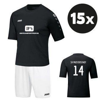 JAKO Trikot Team + Short Manchester 15er Trikotsatz mit Druck schwarz/weiß | 104 - 3XL