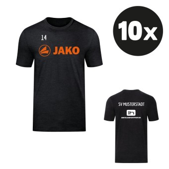 JAKO T-Shirt Promo Aufwärmshirt (10 Stück) Teampaket mit Textildruck schwarz meliert-neonorange | Freie Größenwahl (116 - 4XL)