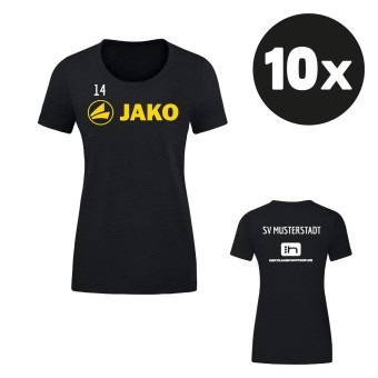 JAKO Damen T-Shirt Promo Aufwärmshirt (10 Stück) Teampaket mit Textildruck schwarz meliert-citro | 34 (XS) - 44 (XL)