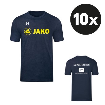 JAKO T-Shirt Promo Aufwärmshirt (10 Stück) Teampaket mit Textildruck marine meliert-neongelb | Freie Größenwahl (116 - 4XL)