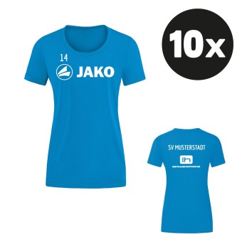 JAKO Damen T-Shirt Promo Aufwärmshirt (10 Stück) Teampaket mit Textildruck JAKO blau | 34 (XS) - 44 (XL)