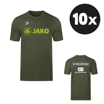 JAKO T-Shirt Promo Aufwärmshirt (10 Stück) Teampaket mit Textildruck khaki-neongrün | Freie Größenwahl (116 - 4XL)