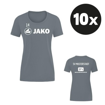 JAKO Damen T-Shirt Promo Aufwärmshirt (10 Stück) Teampaket mit Textildruck steingrau | 34 (XS) - 44 (XL)