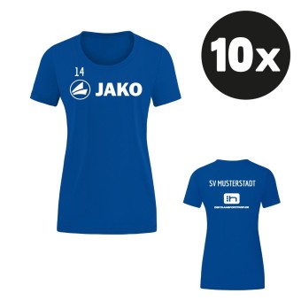 JAKO Damen T-Shirt Promo Aufwärmshirt (10 Stück) Teampaket mit Textildruck royal | 34 (XS) - 44 (XL)