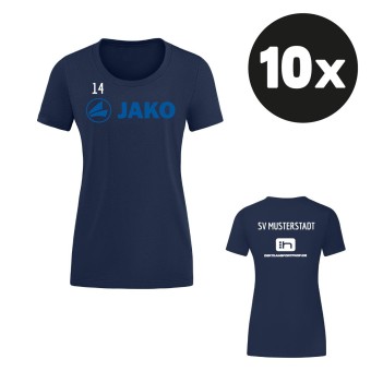JAKO Damen T-Shirt Promo Aufwärmshirt (10 Stück) Teampaket mit Textildruck marine-indigo | 34 (XS) - 44 (XL)