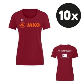JAKO Damen T-Shirt Promo Aufwärmshirt (10 Stück) Teampaket mit Textildruck weinrot-neonorange | 34 (XS) - 44 (XL)